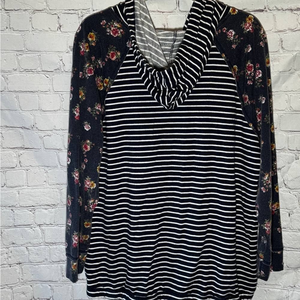 Striped Floral Hoodie - navy and White - Picture 2 of 4